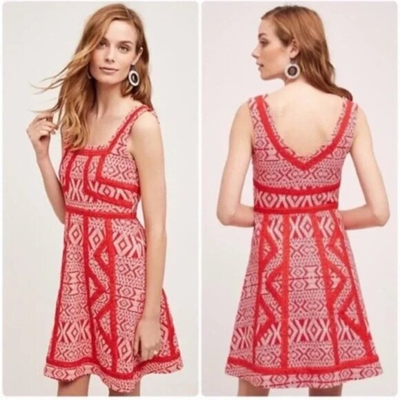 Anthropologie Maeve Emma Women's Size 6 Red Crochet Bandana Swing Mini Dress - Picture 1 of 9